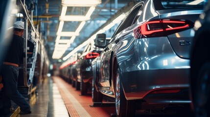 Wall Mural - Car bodies are on assembly line. Factory for production of cars. Modern automotive industry. Electric car factory, conveyor