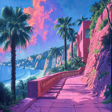 Pink Sky Road Along The Beach And Ocean In Caribean  With Palm Trees