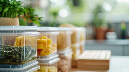 Poster - A bunch of plastic containers filled with food on a table, AI