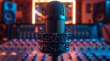A Professional Studio Microphone With A Shock Mount Set Against A Mixer And Speakers, Suitable For Podcast Or Radio And Illuminated By Ambient Neon Lights