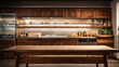 © anandart - Brown wooden table with free space for your decoration and blurred background of kitchen interior