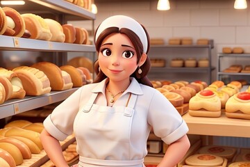 Bakery latin woman in bakery with some breads at background