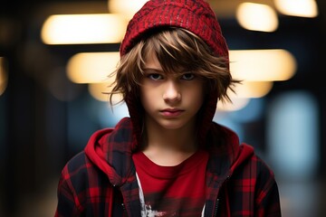 Portrait of a boy in a red checkered shirt and a red hat.