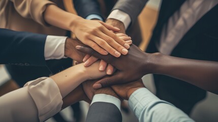 Close-up of a diverse group of business people joining hands in a show of unity and teamwork