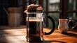classic French press coffee maker, emphasizing its glass and metal components generative ai