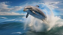 Highly Detailed Portrayal Of A Bottlenose Dolphin Leaping Playfully Out Of The Water Generative Ai
