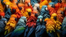 Cluster Of Tropical Birds Congregating Around A Hidden Jungle Watering Hole, Their Vibrant Feathers Creating A Kaleidoscope Of Colors  -Generative Ai
