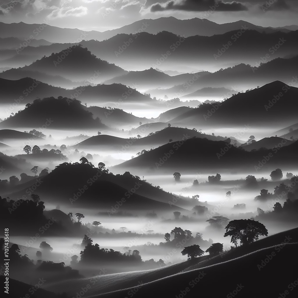 Black and white digital landscape featuring rolling foggy hills using ...