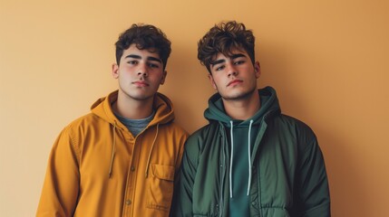 Portrait of twin brothers in trendy yellow and green jackets, standing confidently against a plain background, exuding youthful style and brotherly bond