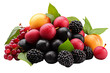 fruit composition using Jamun, Litchi, Cherry, Plum, Peach, hyper-realistic, white background PNG