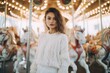 Beautiful woman in winter white clothes stands in front of children's carousels Ai Generative