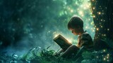 Fototapeta  - a cute young boy kids opens and reads a fairy tale story fantasy book and immerses with his childhood imagination in creative magic world sitting outdoors in a park at a tree