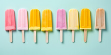 A Charming Display of Multicolor Popsicles on a Pastel Base An Artful Arrangement Colorful ice pops on light blue background.