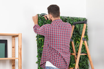 Wall Mural - Man with screwdriver installing green artificial plant panel on white wall in room, back view