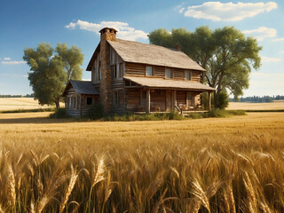 Wheat large field in front of an old-fashioned wooden house