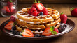 belgian waffles with berries on white plate on wooden table