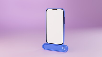 3d illustration of blue mobile phone with browser search button against abstract gradient purple background.  3d illustration highly usable. Mobile mock up. White screen.