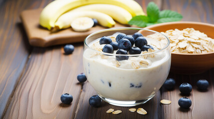 bowl of yogurt blueberries banana and oatmeal