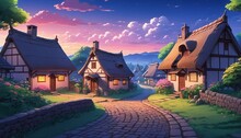 A Picturesque, Small Village At Dusk With Thatched-roof Cottages, Cobblestone Streets, Near The Edge Of A Mysterious Enchanted Garden. Generative AI