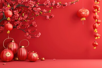 3d China new Year   upon golden color floating clouds with hanging lanterns background, Happy New Year