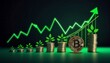 Bitcoin trading bull market growing with green stick trading chart and arrows, Financial growth arrow graph. Growth of an investment. Generative AI