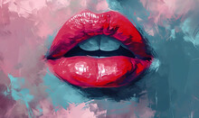 Painting Abstract Art Of Female Red Lips Mouth, Generative AI 