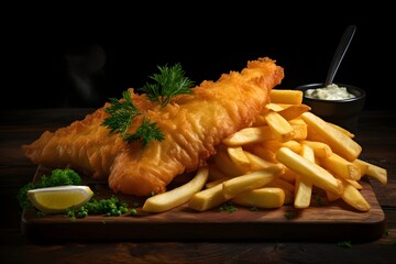 British fish and chips, crispy battered fish with golden fries,