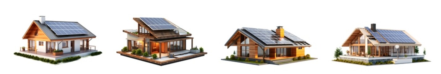 Canvas Print - Set of 3D Eco house with sun panels energy isolated on white and transparent background