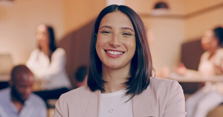 Poster - Happy, business woman and face with coworking, confidence and professional team with tablet. Worker, social media manager and online agency employee with portrait and smile at a company and office