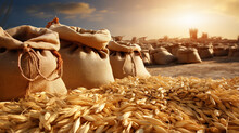 Abstract Agrarian Image With Bags Of Grain In The Agricultural Sector In The Farm