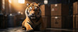 Employee Tiger, their back presented in a half-turn, wearing uniform in an factory, engrossed in the process of deciphering intricate of packing. Employ a wide-angle lens and dynamic lighting