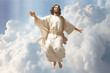 christianity, religion and people concept - smiling Jesus Christ in white robe over blue sky background