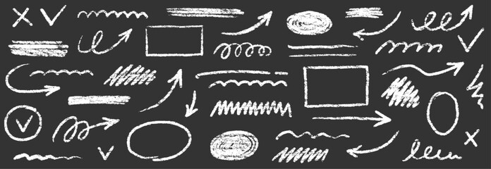 Aufkleber - Chalk scribble arrow, line brush set. Crayon arrow, underline, handwritten mark check elements. Vector hand drawn scribble crayon, marker sketch brush texture. Rough chalk vector illustration