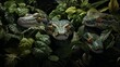 Intertwined anacondas resting in a shaded corner of the jungle, their sinuous forms creating a captivating pattern -Generative Ai

