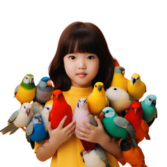 Wall Mural - Portrait of a little girl playing with birds isolated on transparent background