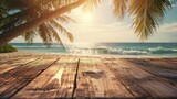 Fototapeta  - Blur tropical beach with bokeh sun light wave and palm tree on copy space empty old wood table abstract background. Product presentation 