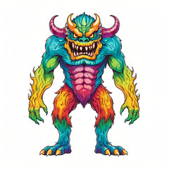 Mystical full body angry monster character standing facing forward. Graphic design for mascot, t shirt, banner, cover, tattoo. Digital asset ready to print.