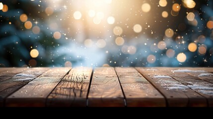 empty wooden table top with abstract warm living room decor with christmas tree string light blur ba