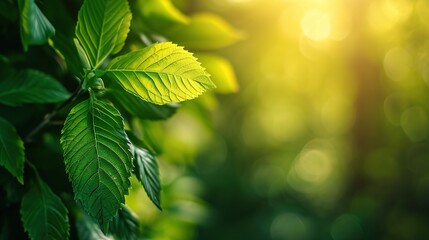 Wall Mural - Green leaf on blurred greenery background. Beautiful leaf texture in sunlight 