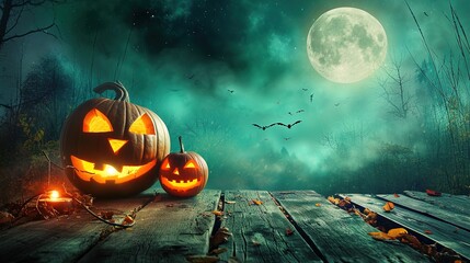 Wall Mural - Halloween Pumpkins on wood. Halloween Background At Night Forest with Moon