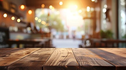 Canvas Print - Selected focus empty brown wooden table and Coffee shop blur background with bokeh