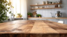 Selective Focus On Wooden Kitchen Island. Empty Dining Table With Copy Space For Display Products. Clean Countertop For Cooking Healthy Food Against Blurred Furniture