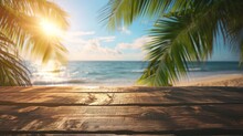 Summer Holiday Concept: Wooden Table With Coconut Palm Tree At The Beach Background
