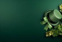 Saint Patrick's Day Concept Background, Top View Photo Of Green Leprechaun Hat ,clovers , Green Gift Box And Ribbon On Isolated Green Background With Copyspace