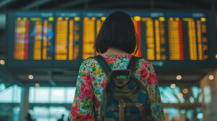 Wall Mural - Back view of solo woman traveller wear colorful summer dress Contemplates Journey Ahead at Digital Airport Departure Board