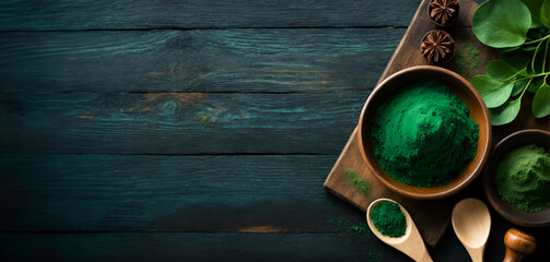 Top view of green spirulina powder on dark wooden table, a biological natural supplement for immunity and health,  Spirulina lowers cholesterol and blood pressure. Ai Generated