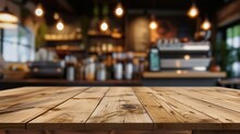 Wooden Board Empty Table In Front Of Blurred Background. Perspective Brown Wood Over Blur In Coffee Shop - Can Be Used For Display Or Montage Your Products