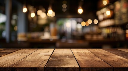 Wall Mural - Wooden board empty table in front of blurred background. Perspective brown wood over blur in coffee shop - can be used for display or montage your products.