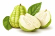 A realistic illustration features a group of green fruit with leaves on a white background.