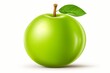 A green apple, adorned with a leaf, is presented on a white background.